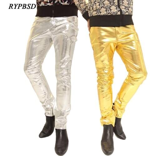 Fashion Skinny Gold Silver Leather Pants Men Slim Fit Nightclub Singer PU Zipper Faux Leather Pants Men Motorcycle Trousers