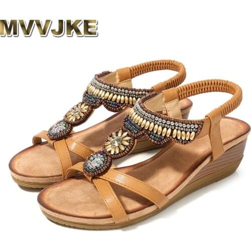 MVVJKE Crystal String bead Summer Shoes Women Sandals Open Toe High Heel Wedge Beach Sandals Woman Gladiator Sandalias Shoes