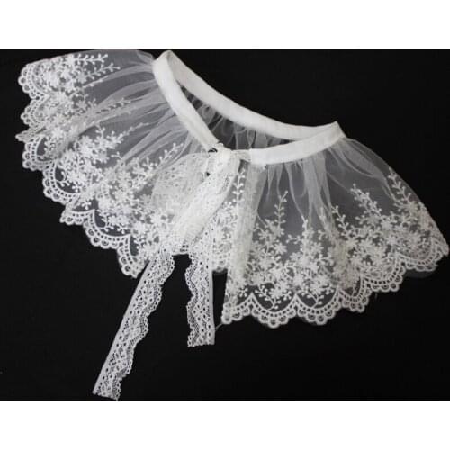 40GC Pleated Mesh Tulle Fake Collar Shawl Necklace Sweet Embroidery Floral Lace Wavy Trim Half Shirt Dickey Lace-Up Poncho