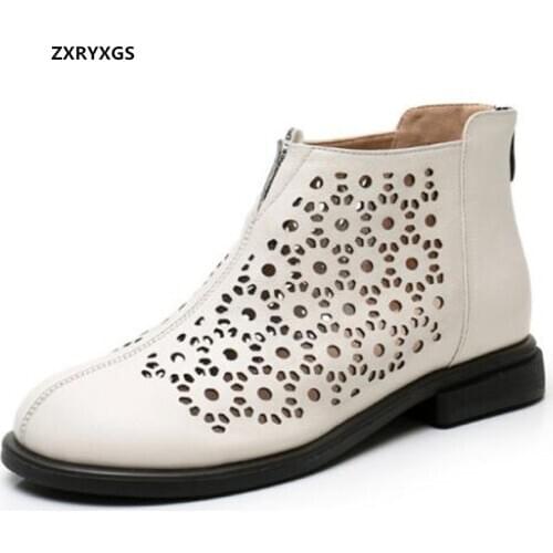 2021 New Spring Summer boots Breathable Hollow Genuine Leather Shoes Woman Sandals Martin Boots Large Size Womens Boots Trend