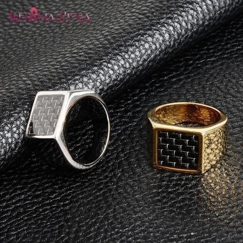 New Arrival Gold/Silver-Color Square Carbon FiberMen Jewelry Stainless Steel Rings High Polished Signet Solid Dropp Shipping