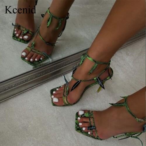 Kcenid New Fashion Sexy Snake Print Leaf Design Hollow Summer Womens Sandals Open Toe Buckle Stiletto Crystal High Heels Shoes
