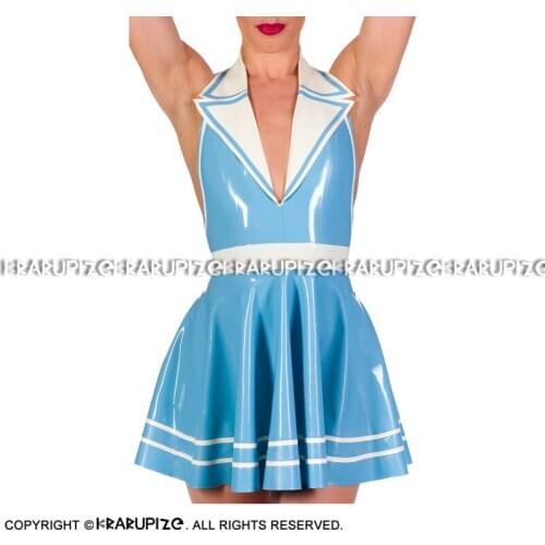 Lake Blue And White Sexy Halter Latex Dress With Turn Down Collar Rubber Uniform LYQ-0186