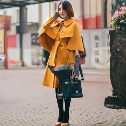 Women Korean England Vintage Cloth Overcoat High Quality Winter Solid Color Long Woolen Blends Sashes Outerwear Manteau