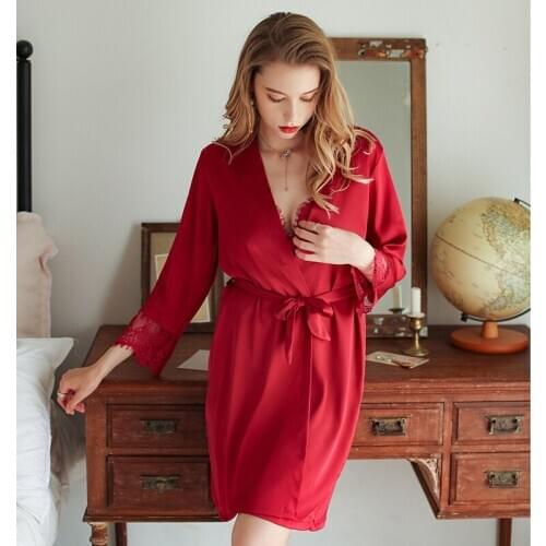 Sexy pajamas womens dressing gown bridal gown kimono loose large size home service new single robe sleepwear lace ночнушка