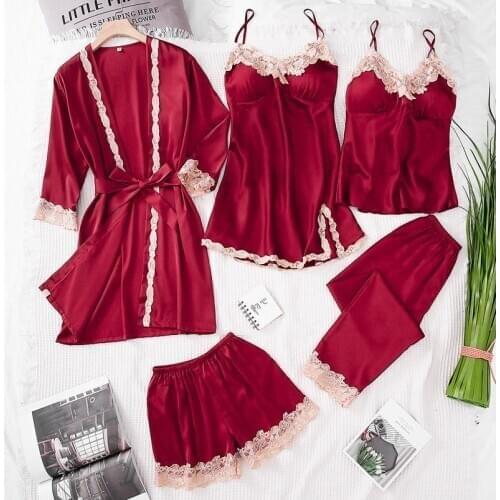 Sexy Pajamas Sleep Sets Spring Robe Kimono Sleepwear Womens 5pcs Strap Top Pants Suit Casual Home Wear Nightwear Bath Gown