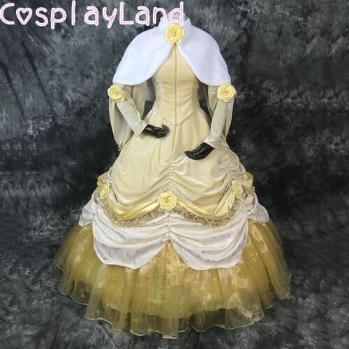 Belle Princess Dress Cosplay Costume Halloween Costumes Yellow Women Winter Dress Ball Gown with Petticoat Lace Up Long Sleeve