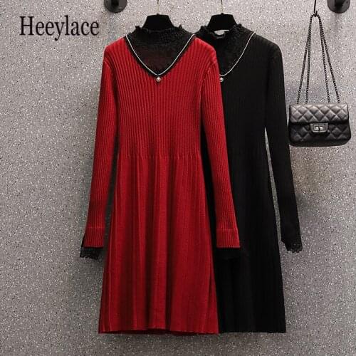 Plus Size Women Korean Red Black Knitting Dress Autumn Winter Long Sleeve Lace Round Neck elegant Vintage Dresses Women Vestidos