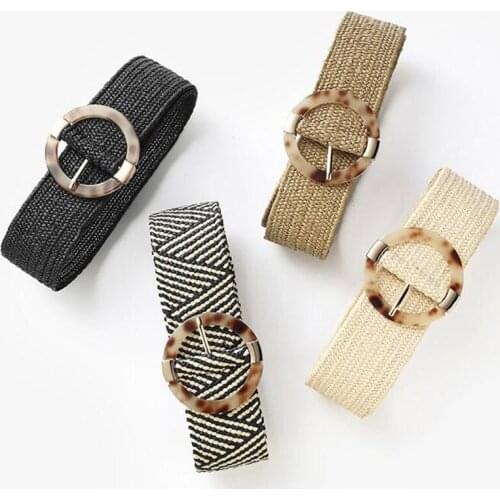 Leopard Round Plastic Buckle Wide Belt Boho Braided Waist Belt Vintage Jeans Dress Decorative Waistbands Women Straw Weave Belt