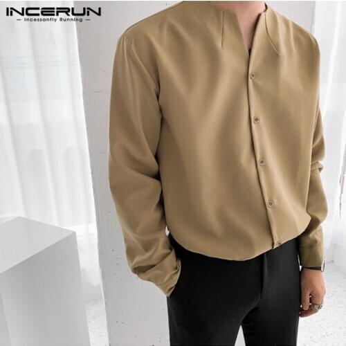INCERUN Fashion Men Brand Shirt Solid Long Sleeve V Neck Chic Button Casual Blouse 2021 Streetwear Korean Style Shirts Camisas
