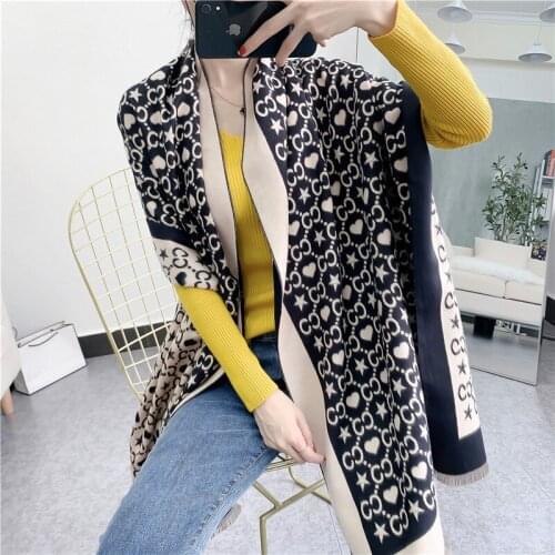 JIN-Swhbias Women Long Scarf 180*65 Cashmere Thicken Warm Scarves for Ladies 2020 New Winter Shawl Letters Printed