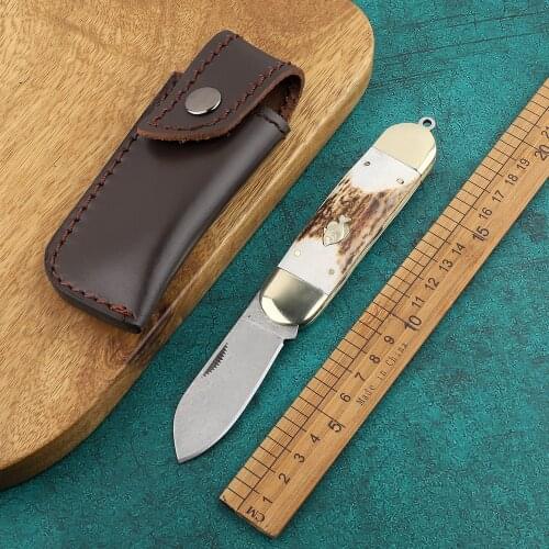 Folding fish knife, Damascus, antlers, used for camping, hunting, outdoor, kitchen knife, fruit knife, EDC
