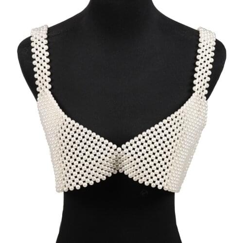 Women Sling Fashion Craft Handmade Body Jewelry Pearl Vest Gift Chest Chain Beaded Solid V Neck Accessories Slim Street