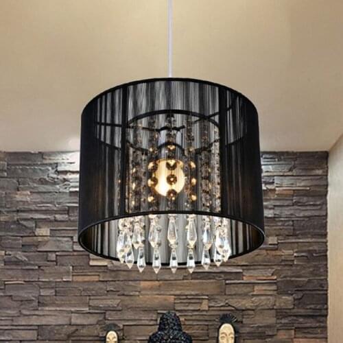 Modern Black String Fabric Shade Pendant Lights D25cm E27 Drum Pendant Chandelier With Crystals Decor For Bedroom Dinning Room