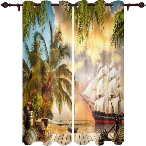 Tropical Arbor Pirate Ship Plank Window Curtains for Living Room Bedroom Kitchen Decor Window Treatments Christmas Curtains