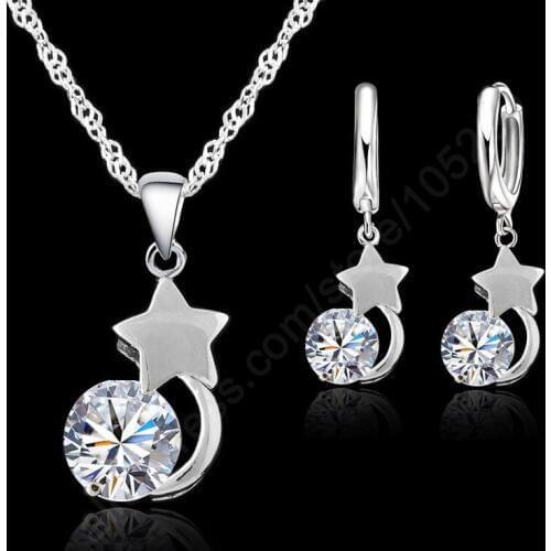 Jewelry Set 925 Sterling Silver Cubic Zirconia Crystal Stars Moon Woman Necklaces Leverback Drop Earring