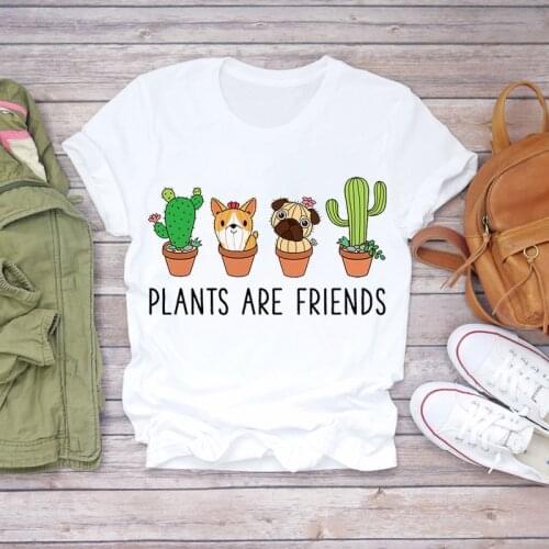 Women 2020 Summer Dog Cat Short Sleeve Floral Plant Animal Lady T-shirts Top T Shirt Ladies Womens Graphic Female Tee T-Shirt