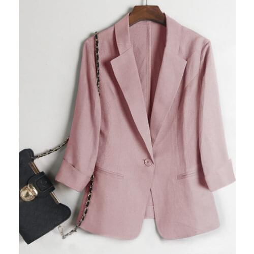 Women Cool Pink Blazer 2021 Summer Fashion Ladies Thin Cotton Jackets Single Button Elegant Female Chic Suits Casual Top