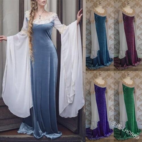 Renaissance Women Long Dress Medieval Fairy Lace Halloween Cosplay Costumes Victorian Trumpet Sleeve Party Dresses Plus Size 5xl