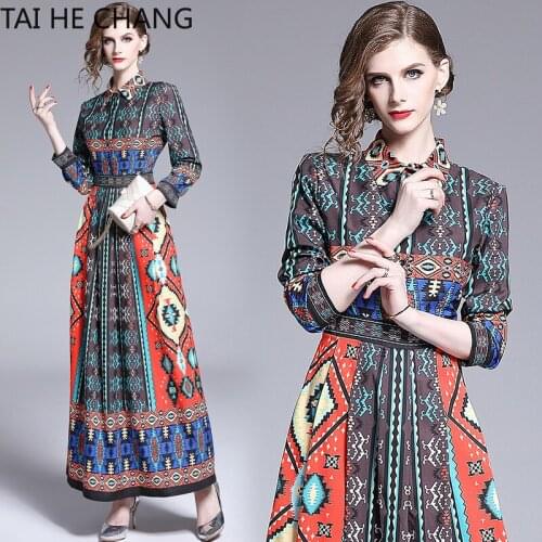 Women Dress New Fashion Retro Spring Summer Elegant Slim Bodycon Vintage Party Runway Print Shirt Office Work Maxi Dresses