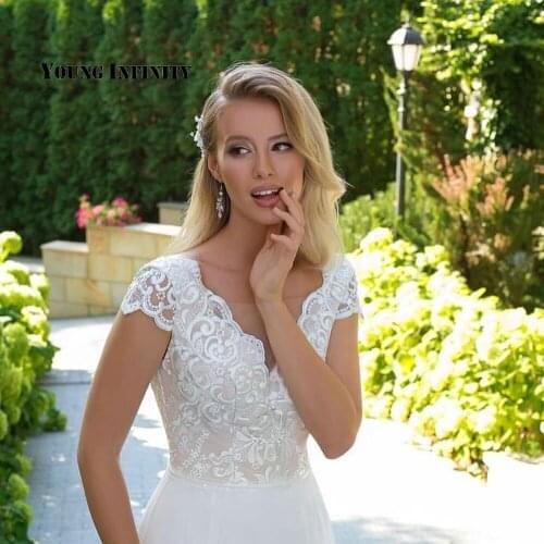 V Neck Boho Wedding Dresses 2020 A-Line White Simple Bohemian Chiffon Beach Wedding Dress Low V Backless Long Lace Bridal Gown