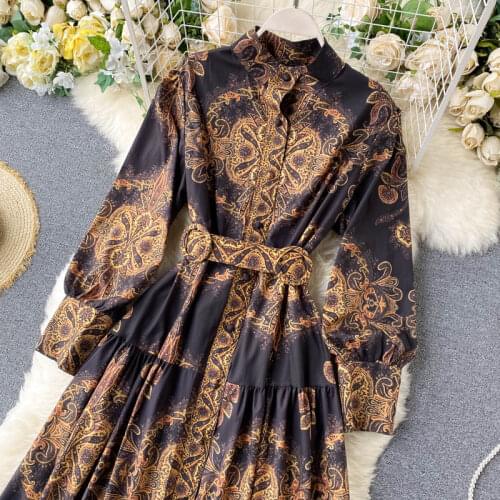 New Fall Women Dress Bohe Style Totems Lapel Long Sleeve Dress Vintage Ladies Casual Floral Printed Waistband Swing Long Dresses