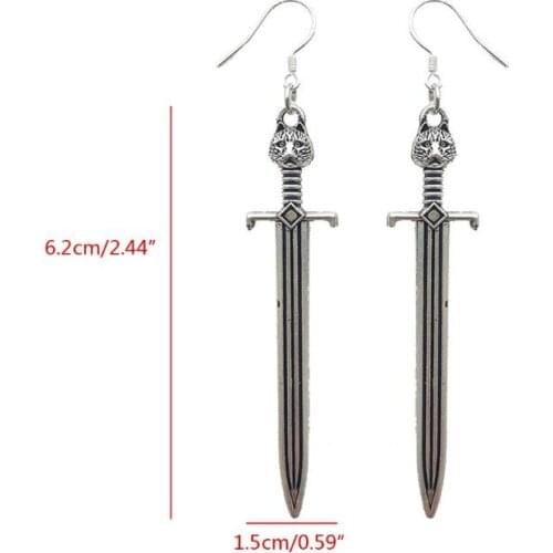 97QE Women Gothic Owl on Sword Drop Earrings Antique Silver Sword Medieval Renaissance Weapon Dangle Earrings Fashion Jewelry