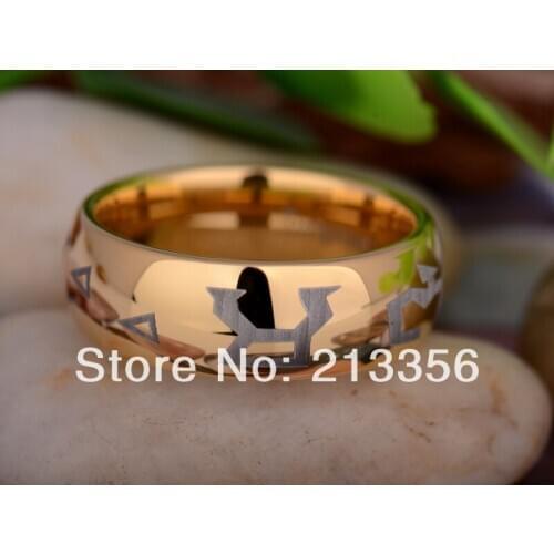 Free Shipping UK Russia Brazil USA Hot Selling 8MM Golden DomeStargate Gate Address Mens Fashion Tungsten Carbide Wedding Ring