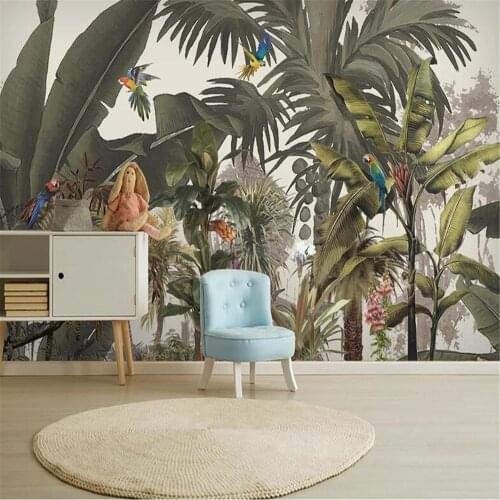 Milofi custom large hand-painted tropical rain forest plants flowers and birds animals forest background wall