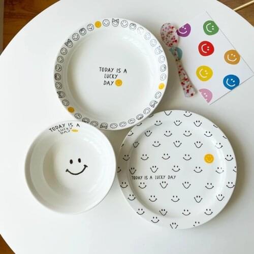 Lucky creative smiling face ceramic plate retro ins alphabet breakfast plate salad dessert bowl dinner plate dish plate