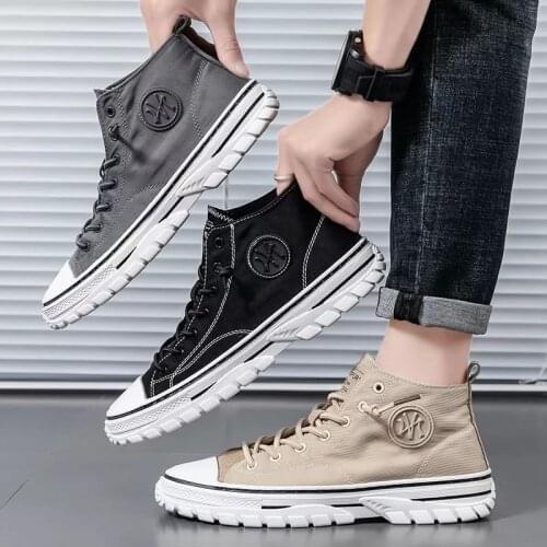 Mens Canvas Shoes Male High Top Casual Espadrilles British Style Gray Skateboarding Vulcanized Shoes Comfort Sneakers 2021 New