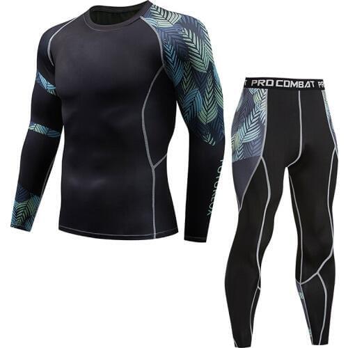 Mens Compression Run jogging Suits Clothes Sports Set Long t shirt And Pants Gym Fitness workout Tights clothing 2pcs/Sets