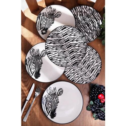 6 Piece Special Design Handmade 21cm Ceramic Cake Plate Set Zebra Pattern Made Of First Class Natural Ceramic Made in Turkey