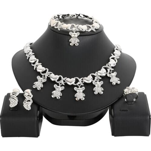 Newest African Dubai jewelry sets Silver Color Nigerian bear Heart Shape Crystal Necklace Set for Women Italian Accessories
