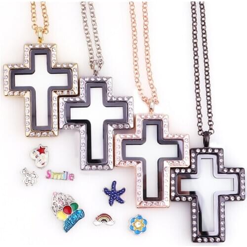 New Mixed 10pcs/lot Cross Floating Charm Rhinestone Locket Magnetic Living Glass Memory Locket necklace women christmas gifts