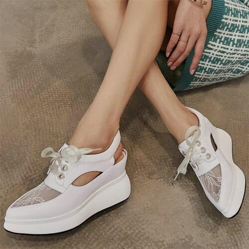 Fashion Sneakers Women Genuine Leather Wedges High Heel Roman Gladiator Sandals Female Lace Up Pointed Toe Platform Pumps Shoes