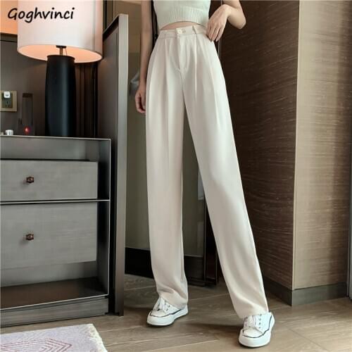 Women Casual Suit Pants Solid High Waist Slim All-match Full-length Trousers High Quality Thin Button Streetwear Ulzzang Simple