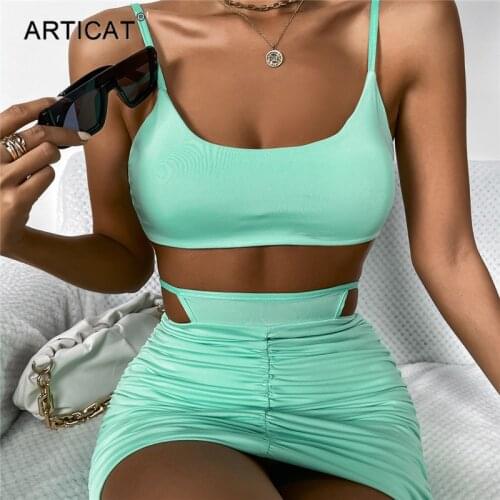 Articat Sexy Solid Women 2 Pieces Skirts Sets Backless Camis Ruched Mini Skirt Suit Female Outfit Bandage Club Matching Set 2021