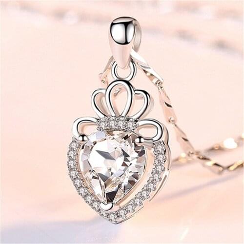 Classic Crystal Purple Heart Crown Pendant Necklace For Women Jewelry Top Quality Silver Plated Chain Clavicle Necklaces Female