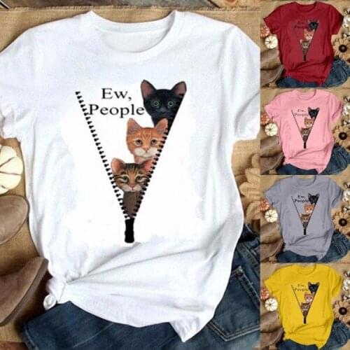 EDLPE Summer Funny People Cat Women T Shirt Casual Short Sleeve Korean Kawaii Ulzzang Tshirt Female White Print O-neck Top Tees