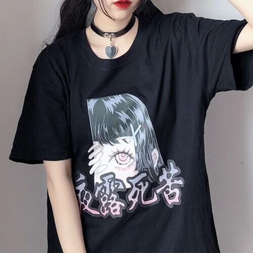 Gothic Japanese Anime Print Women Harajuku TShirt Cotton Black Top Punk Vintage Dropshipping Clothes Short Sleeve Y2K Streetwear