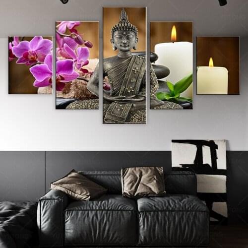 Canvas HD Prints Pictures Home Decor Framework 5 Pieces Buddha Zen Paintings Moth Orchid Candle Posters For Living Room Wall Art