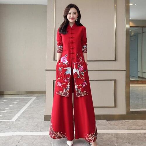Chinese Styles Vintage Women Hanfu Midi Qipao Two Pieces China Traditional Clothing Pants Set Tang Suit Robe Orientale Clothes