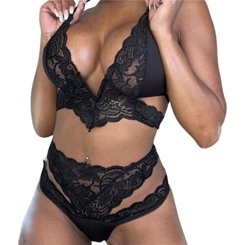 2Pcs Women Lingerie Set Lace Crochet Sheer V-Neck Bra + High Waist Hollow-Out Panty Suit for Girlfriend Or Wife Black