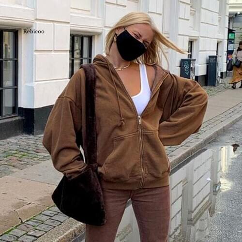 Brown Oversized Hoodies Women Men Sweatshirt Autumn Winter Zip Up Hooded Coat Casual Loose Pocket Pullovers Harajuku Hoodie