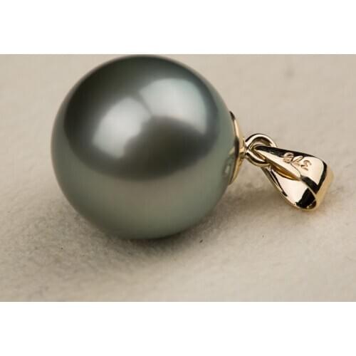 12.1mm Round Light Green Genuine Tahitian Sea Pearl Pendant 9k Solid Yellow Gold
