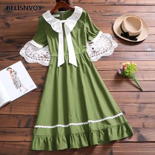 Japanese Preppy Style Summer Green Loose Dresses Womens Bow Peter Pan Collar Sweet Girls Kawaii Lace Ruffles Midi Dress