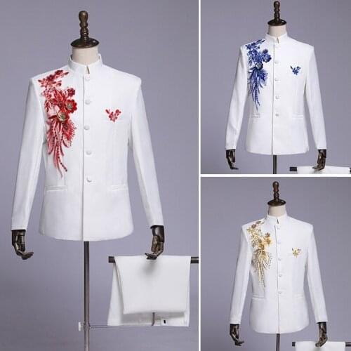 Mens Embroidered Applique Suit Jacket Mandarin Grandad Collar Blazer Pants Trousers White Stage Costume Chinese Style 903-B304