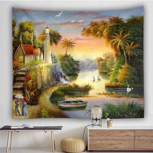 Oil Painting City Countryside Scenery Tapestry Wall Hanging Dorm Decor Backdrop Cloth Wall Tapestry Hippie Psychedelic Tapestry