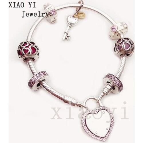 XIAOYI 2020 New 100% S925 Pink key heart lock bead charm gentle wedding high quality bracelet female beautiful party